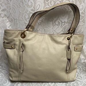 Vintage, Liz Claiborne Beige Leather Handbag 14.5in x 10in x 4.5in